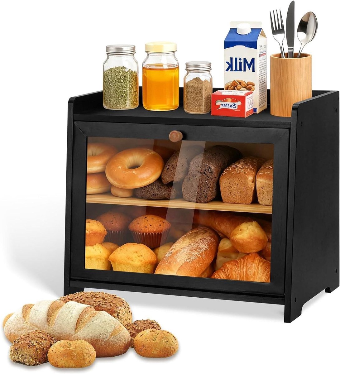Bamboe broodtrommel - Dubbele laag - Brood vers houden - Met kijkvenster - 415 cm - Zwart