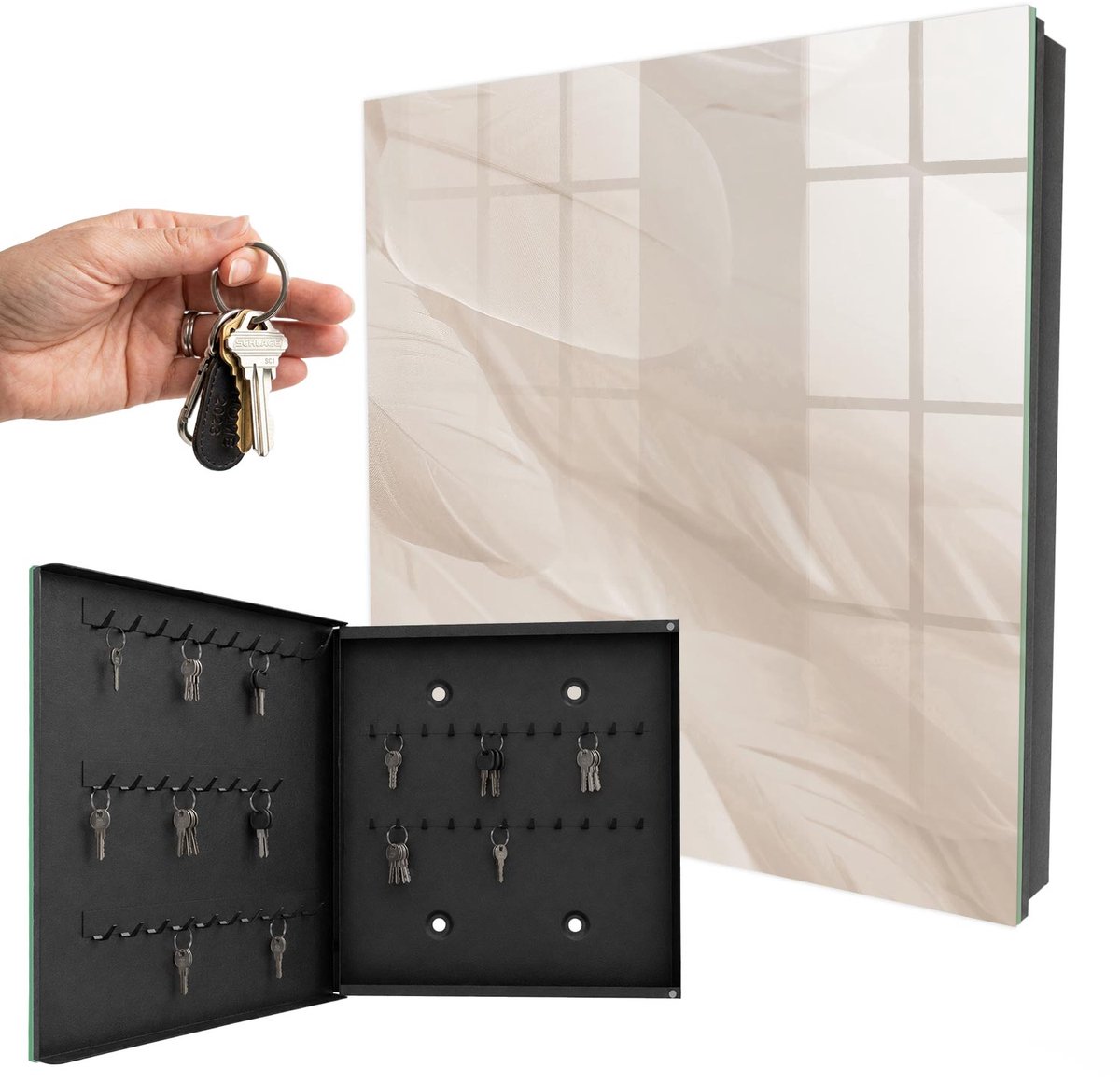 WallMuralia - Sleutelkast - 30x30x5 cm - met 50 haken - Romige Lichtheid Sleutelkastje Huis - Romig Sleutelbox - Linksopenend - Zwart interieur