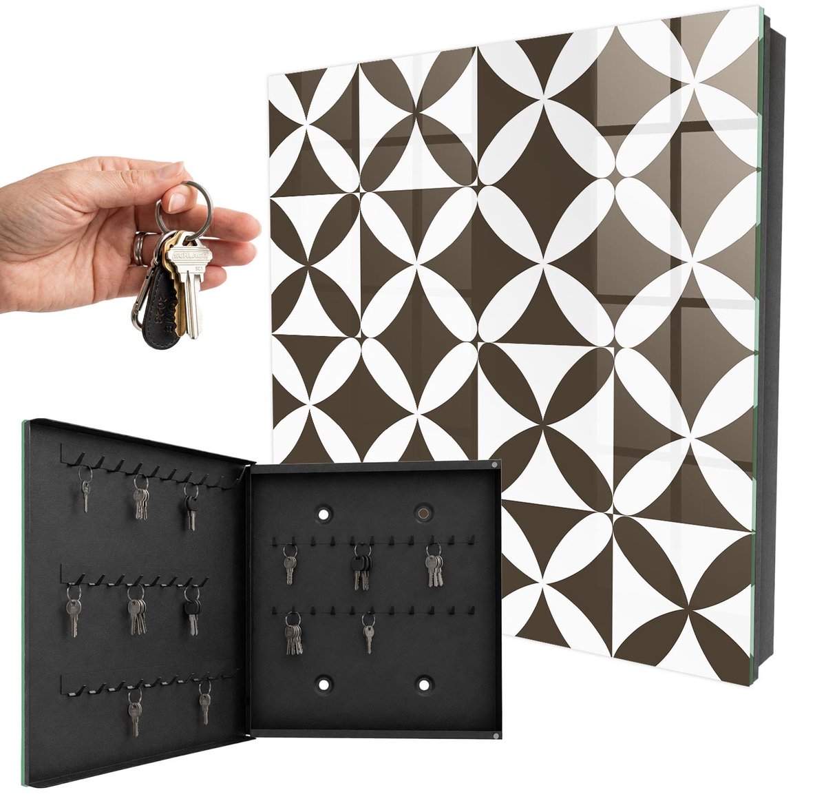 WallMuralia - Sleutelkast - 30x30x5 cm - met 50 haken - Geometrische Compositie Sleutelkastje Muur - Bruin Sleutelbox - Linksopenend - Zwart interieur