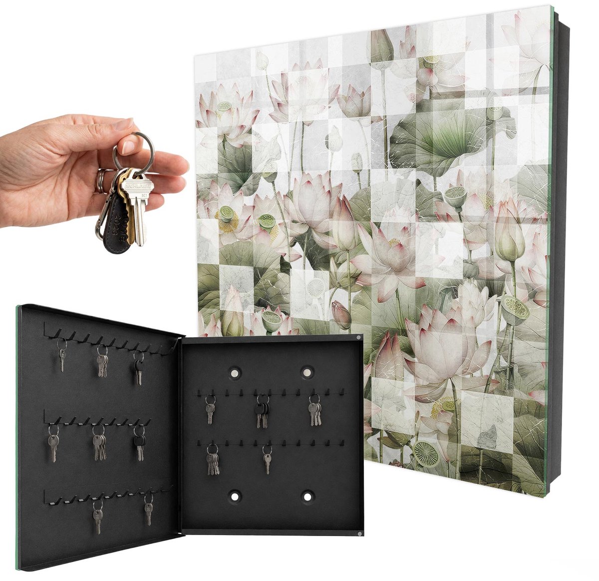 WallMuralia - Sleutelkast - 30x30x5 cm - met 50 haken - Geometrische Lelies Sleutelkastje Modern - Groente Sleutelbox - Linksopenend - Zwart interieur