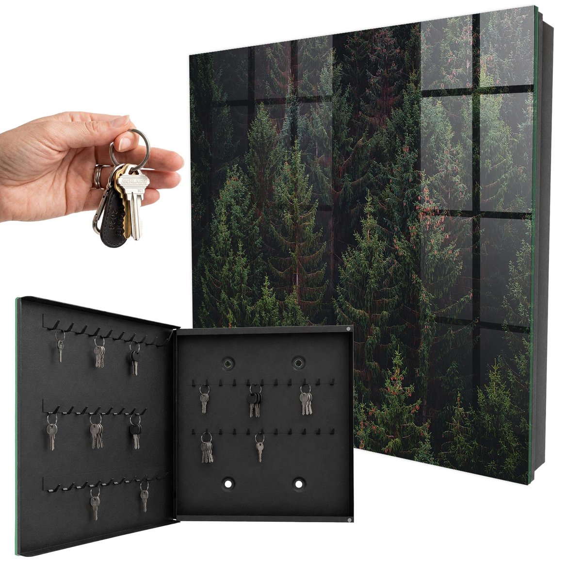 WallMuralia - Sleutelkast - 30x30x5 cm - met 50 haken - Groen Bos Sleutelkastje Industrieel - Groente Sleutelbox - Linksopenend - Zwart interieur
