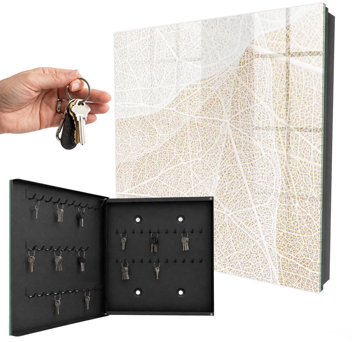 WallMuralia - Sleutelkast - 30x30x5 cm - met 50 haken - Subtiele Elegantie Sleutelkastje Design - Beige Sleutelbox - Linksopenend - Zwart interieur