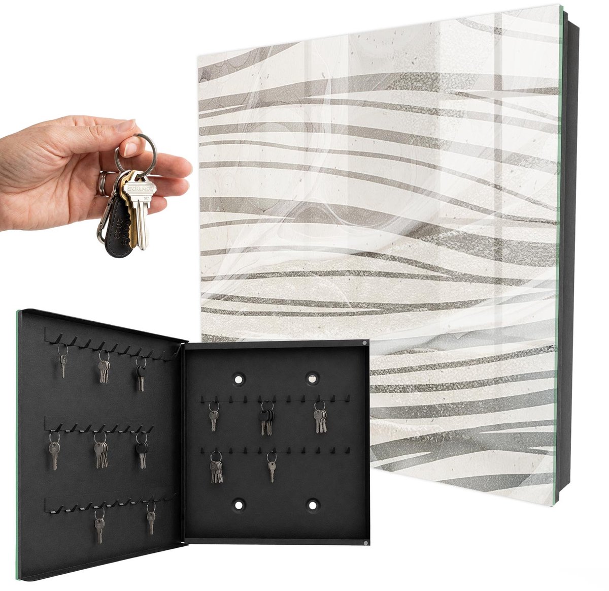 WallMuralia - Sleutelkast - 30x30x5 cm - met 50 haken - Golven Van Grijs Leuk Sleutelkastje - Grijs Sleutelbox - Linksopenend - Zwart interieur