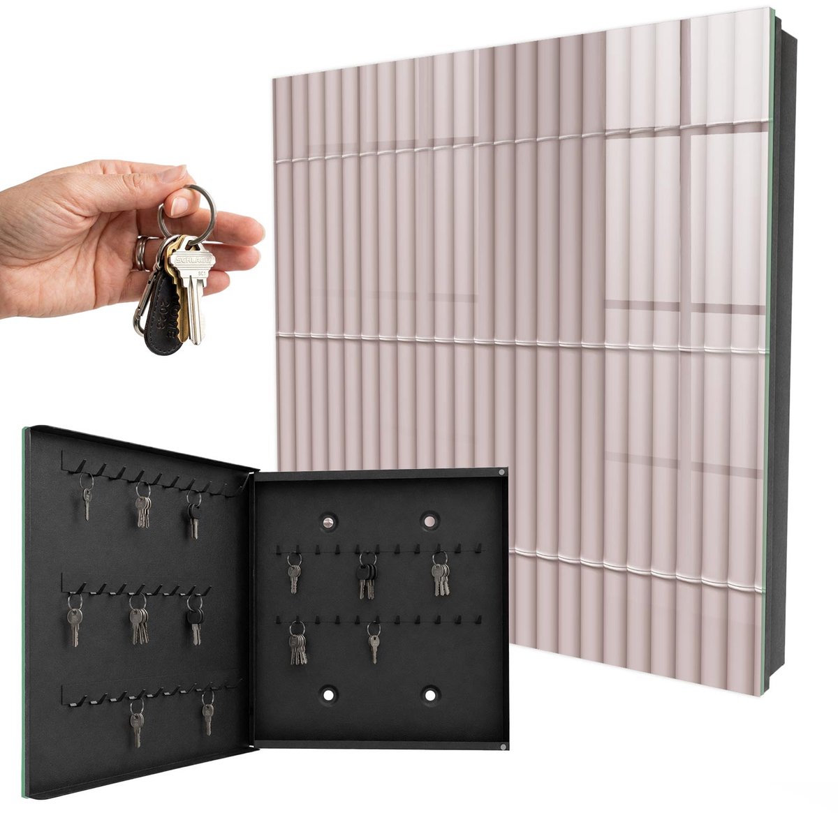 WallMuralia - Sleutelkast - 30x30x5 cm - met 50 haken - Minimalistische Textuur Sleutelkastje - Beige Sleutelbox - Linksopenend - Zwart interieur