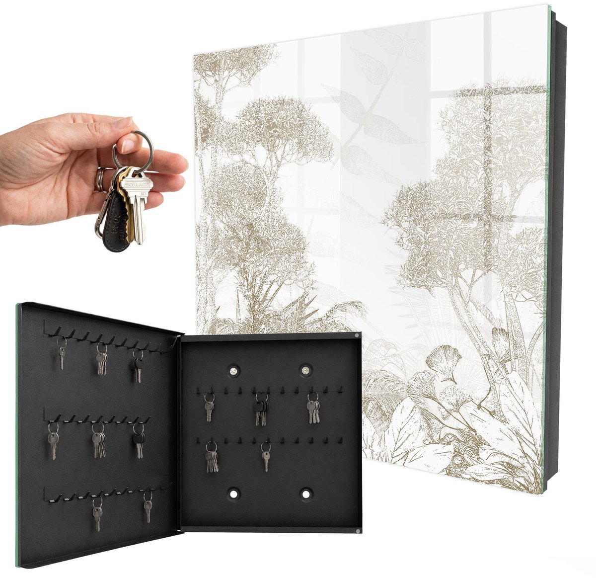 WallMuralia - Sleutelkast - 30x30x5 cm - met 50 haken - Tropisch Patroon Sleutelkastje Landelijk - Beige Sleutelbox - Linksopenend - Zwart interieur