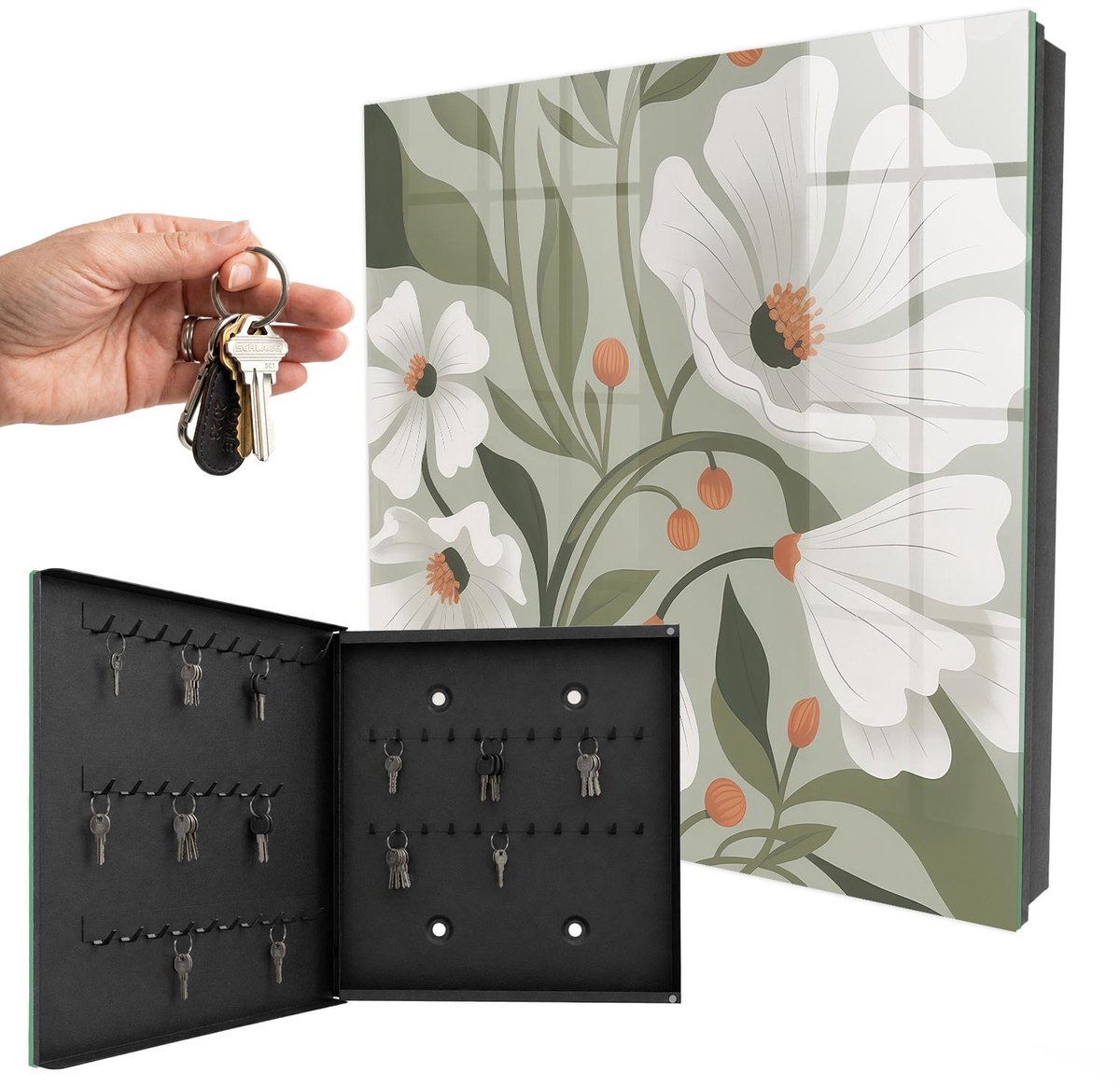 WallMuralia - Sleutelkast - 30x30x5 cm - met 50 haken - Beige Bloemen Sleutelkastje Gang - Groente Sleutelbox - Linksopenend - Zwart interieur