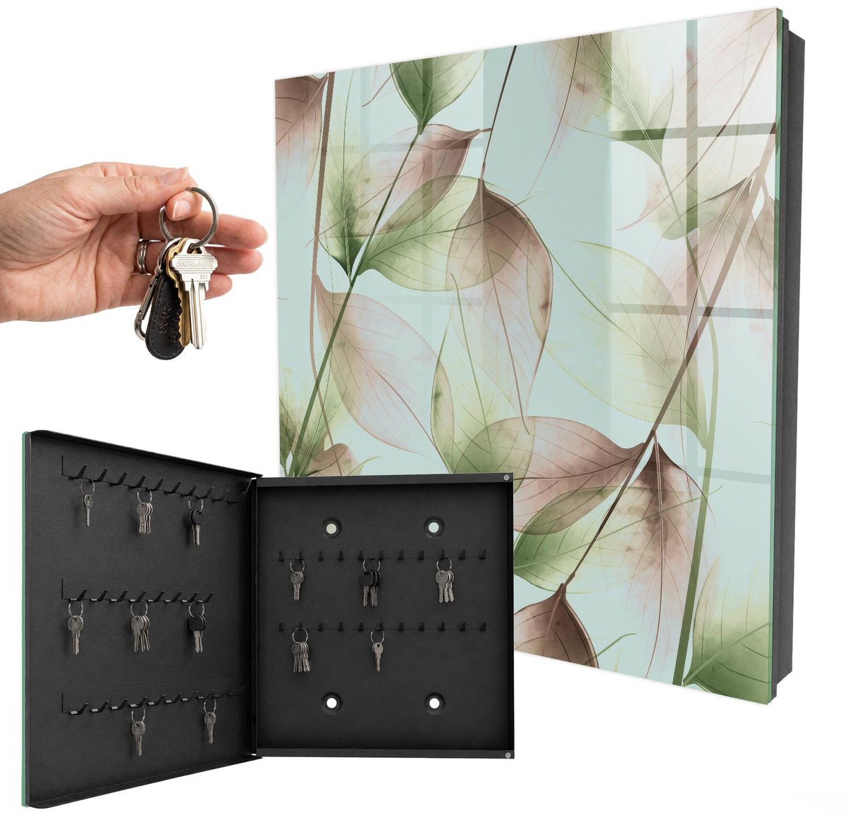WallMuralia - Sleutelkast - 30x30x5 cm - met 50 haken - Bladeren Van De Natuur Sleutelkastje Binnen - Groente Sleutelbox - Linksopenend - Zwart interieur