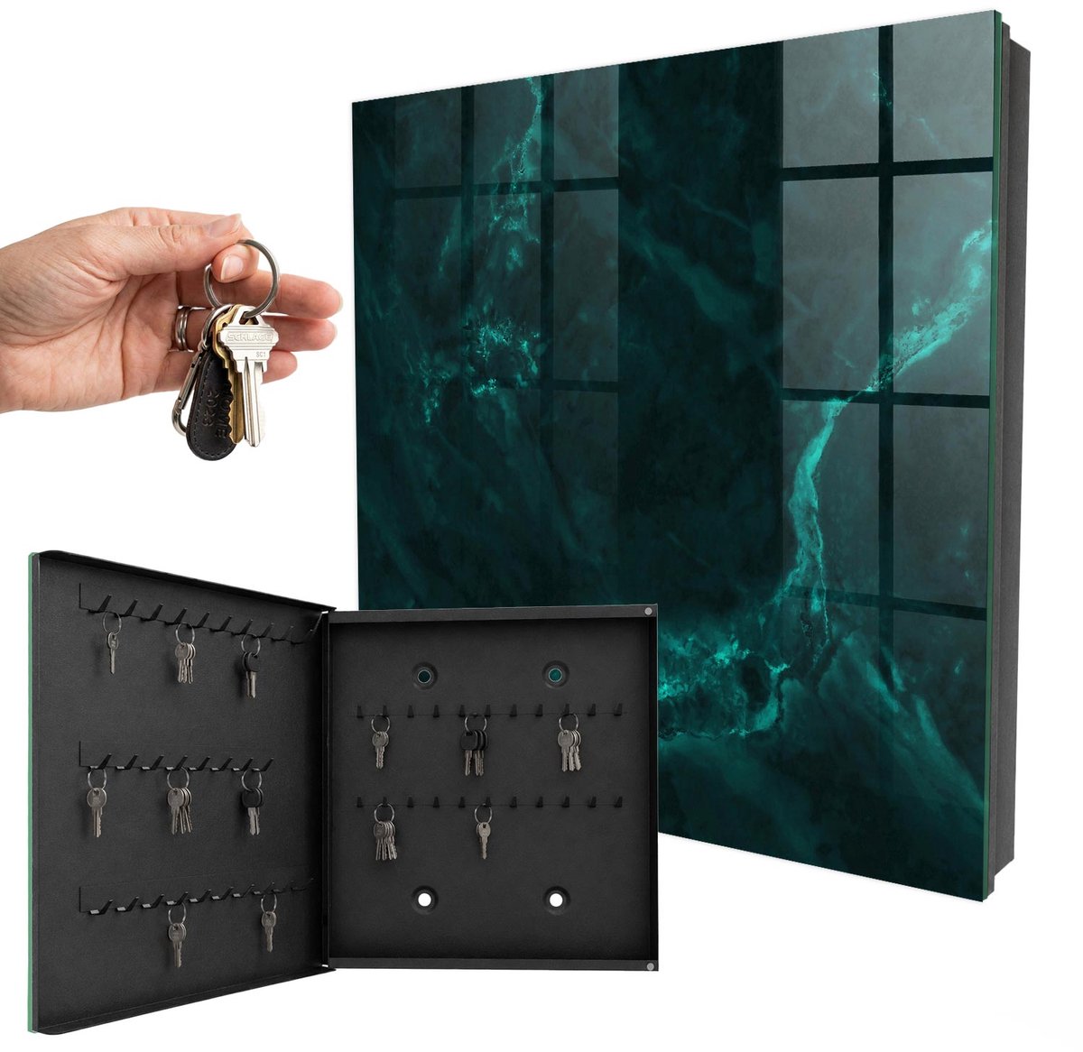 WallMuralia - Sleutelkast - 30x30x5 cm - met 50 haken - Groene Diepte Sleutelkastje Huis - Groente Sleutelbox - Linksopenend - Zwart interieur