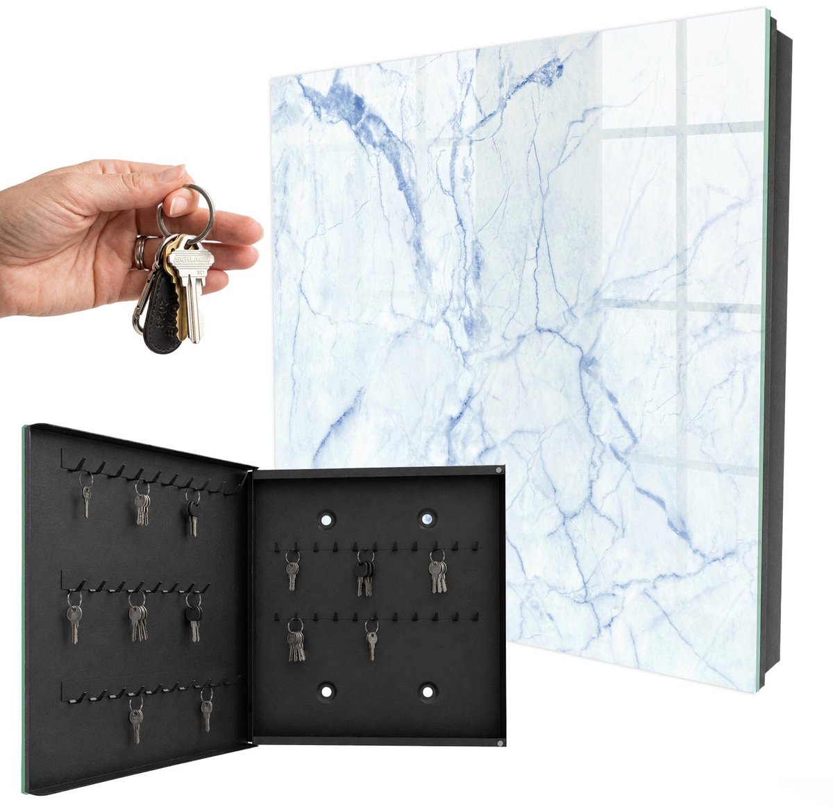 WallMuralia - Sleutelkast - 30x30x5 cm - met 50 haken - Marmerpatroon Sleutelkastje Hal - Wit Sleutelbox - Linksopenend - Zwart interieur