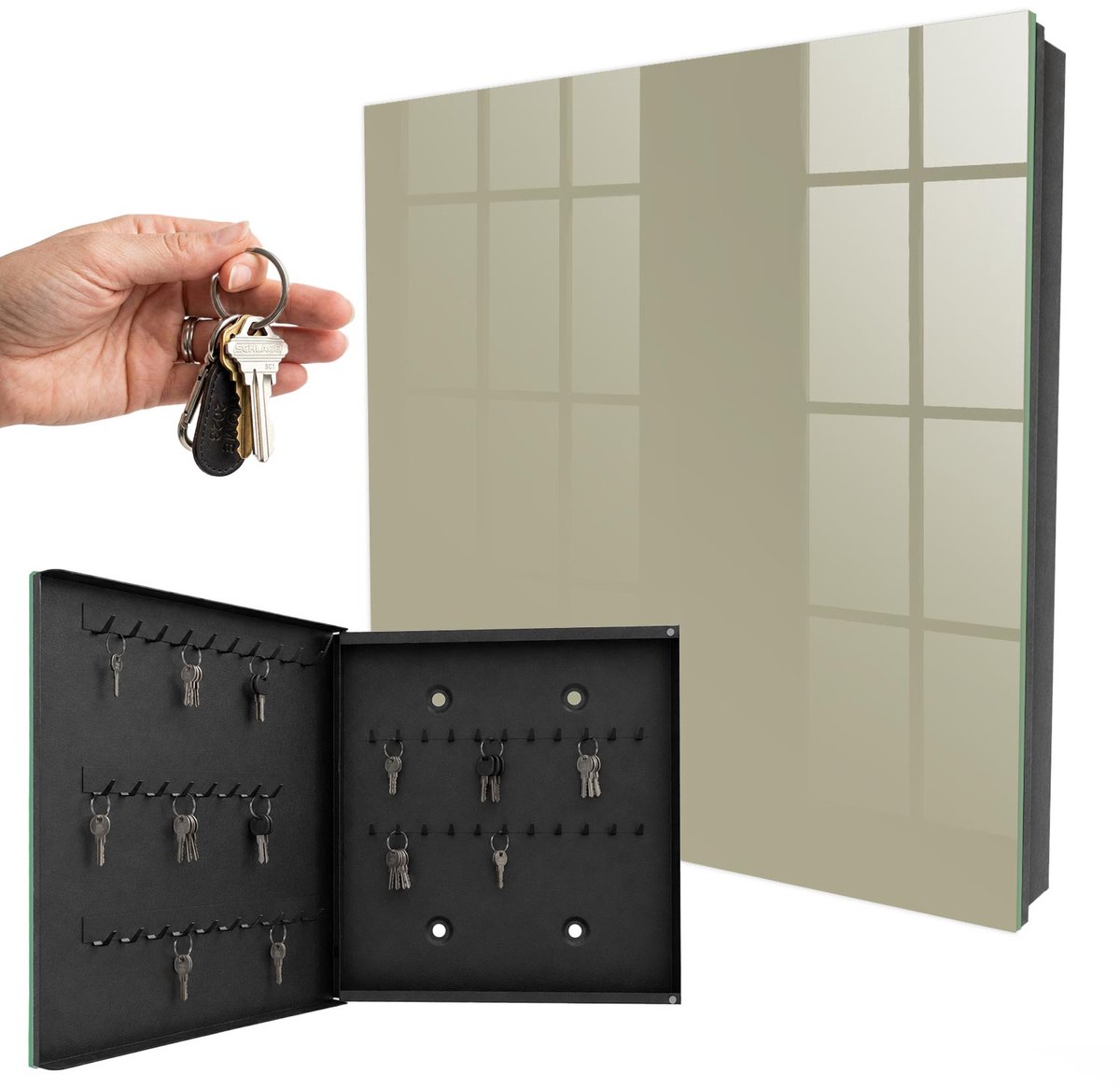 WallMuralia - Sleutelkast - 30x30x5 cm - met 50 haken - Donkere Crème Leuk Sleutelkastje - Romig Sleutelbox - Linksopenend - Zwart interieur