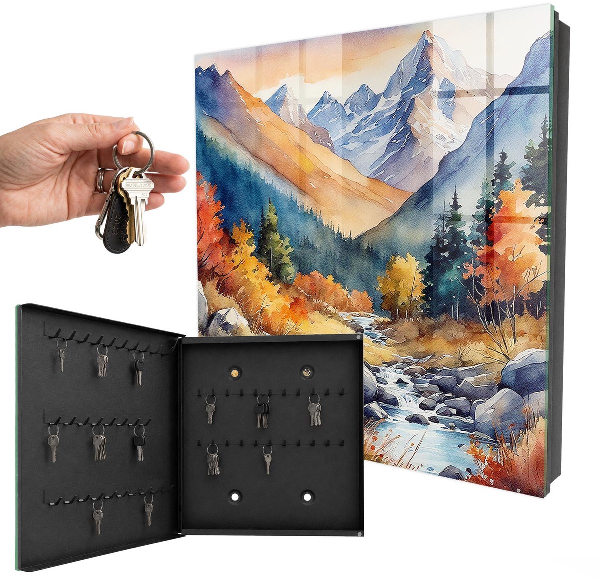 WallMuralia - Sleutelkast - 30x30x5 cm - met 50 haken - Herfstbergen Sleutelkastje Voor Binnen - Oranje Sleutelbox - Linksopenend - Zwart interieur