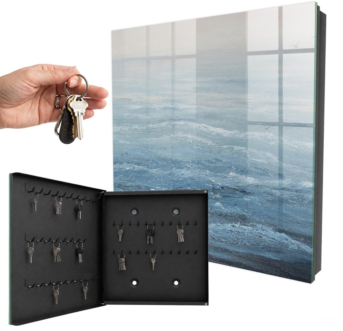 WallMuralia - Sleutelkast - 30x30x5 cm - met 50 haken - Maritieme Harmonie Sleutelkastje Landelijk - Blauw Sleutelbox - Linksopenend - Zwart interieur