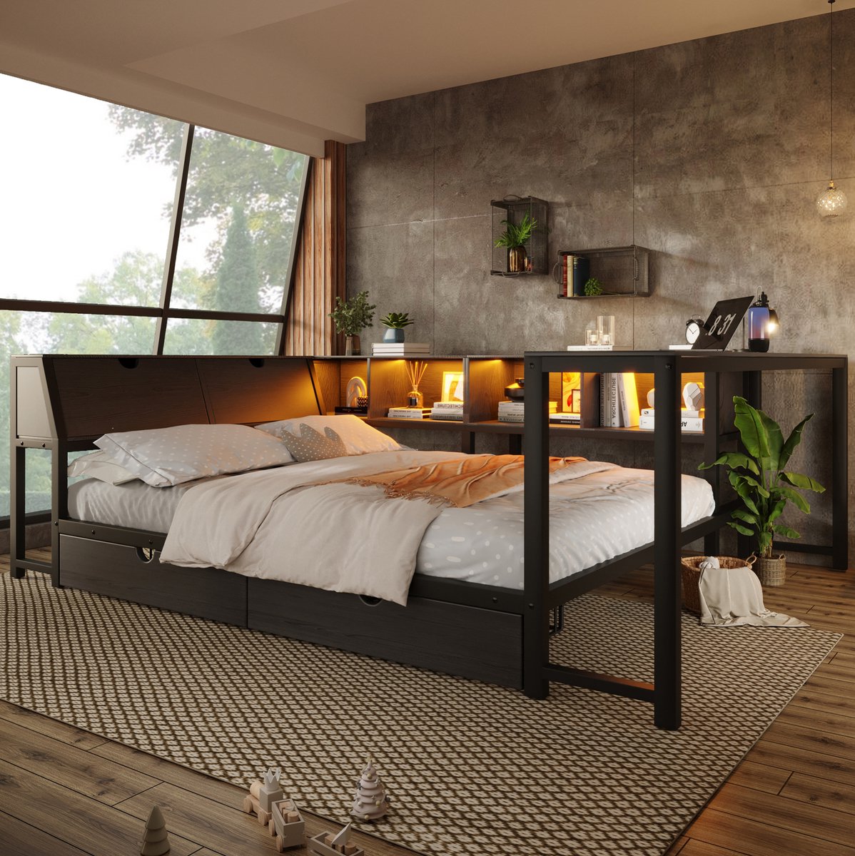 FloraGrace Gestoffeerd Bed 140x200 cm Zonder Matras - Met Opbergkopstuk, Ledverlichting, Bureau en Lades - Metaal en MDF - Zwart