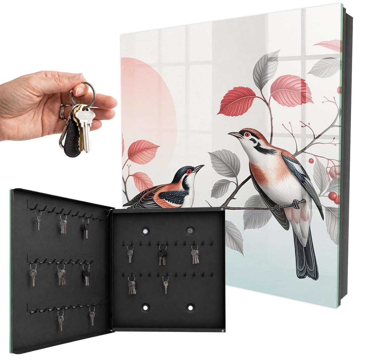 WallMuralia - Sleutelkast - 30x30x5 cm - met 50 haken - Vogels Natuur Sleutelkastje Muur - Rood Sleutelbox - Linksopenend - Zwart interieur