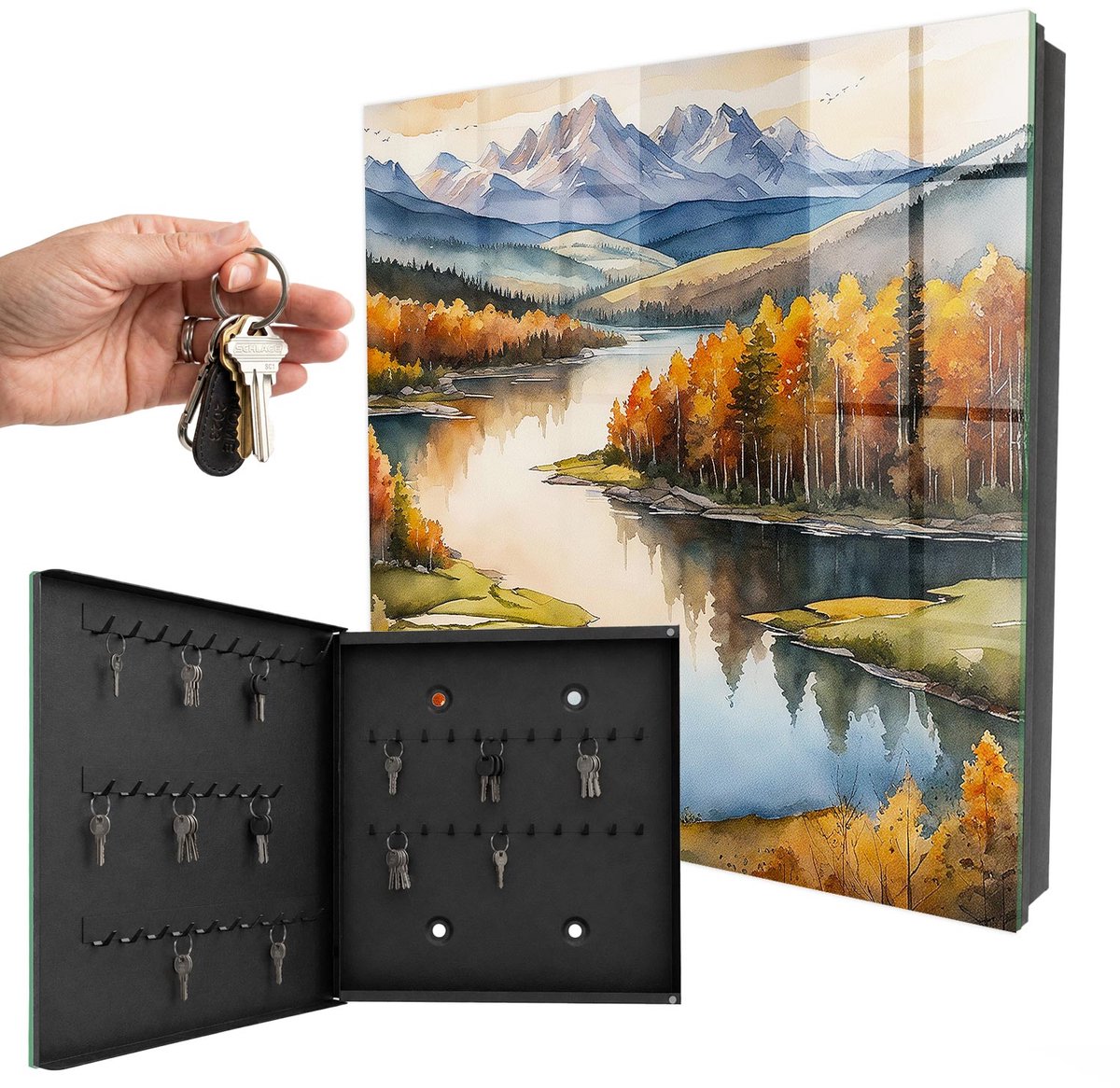 WallMuralia - Sleutelkast - 30x30x5 cm - met 50 haken - Herfstbergen Sleutelkastje Gang - Oranje Sleutelbox - Linksopenend - Zwart interieur