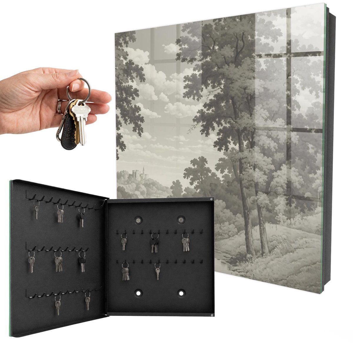 WallMuralia - Sleutelkast - 30x30x5 cm - met 50 haken - Een Vredig Landschap Sleutelkastje Hal - Grijs Sleutelbox - Linksopenend - Zwart interieur