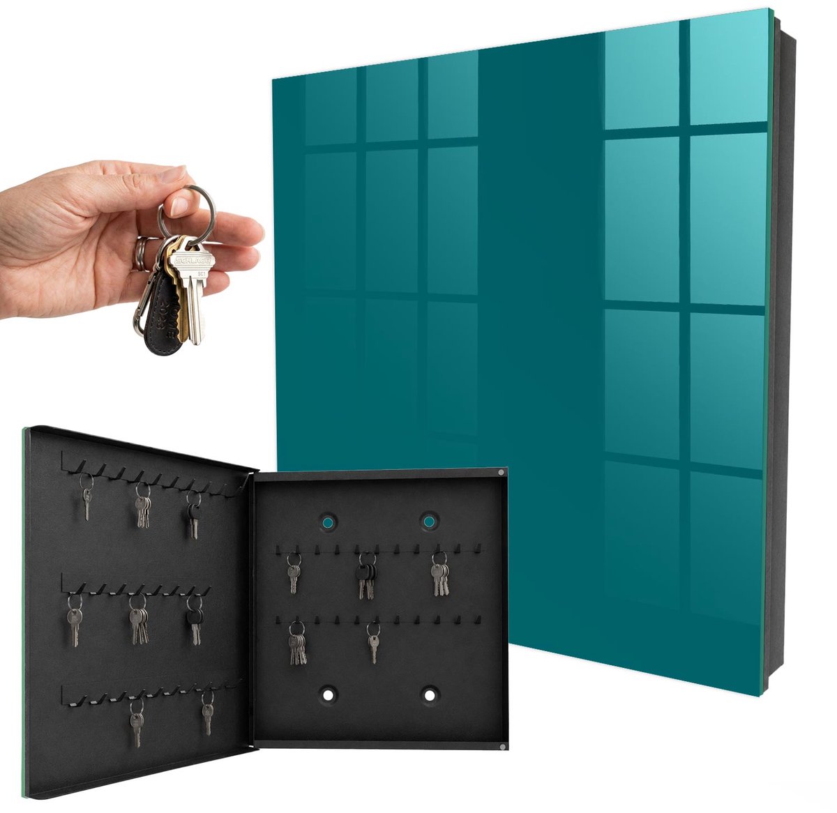 WallMuralia - Sleutelkast - 30x30x5 cm - met 50 haken - Donker Turkoois Sleutelkastje Klein - Turkoois Sleutelbox - Linksopenend - Zwart interieur