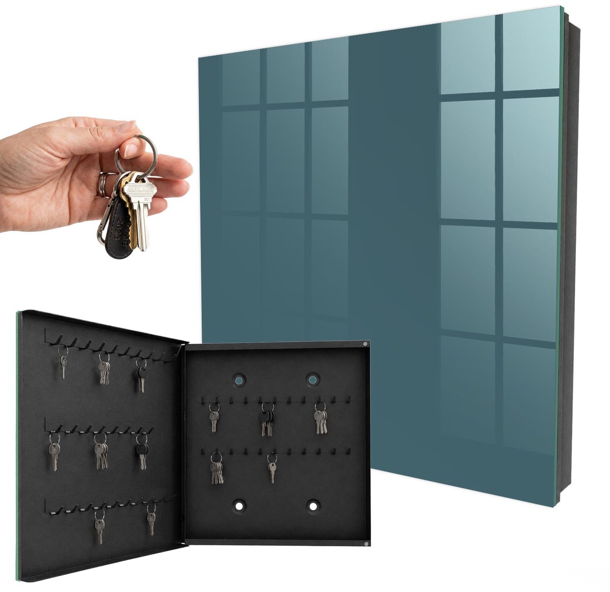 WallMuralia - Sleutelkast - 30x30x5 cm - met 50 haken - Doffe Turkoois Sleutelkastje Design - Turkoois Sleutelbox - Linksopenend - Zwart interieur