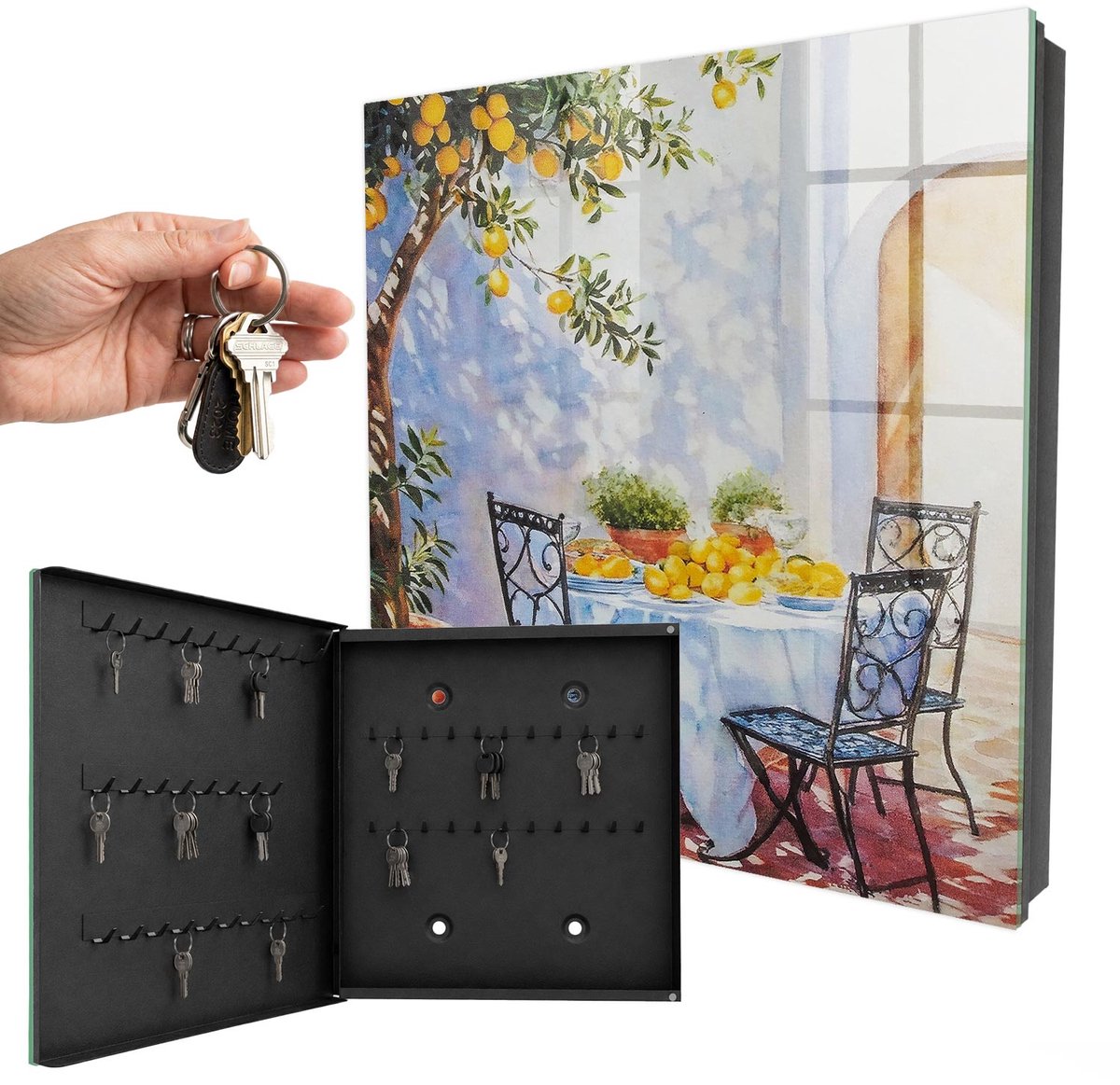 WallMuralia - Sleutelkast - 30x30x5 cm - met 50 haken - Citroentuin Leuk Sleutelkastje - Blauw Sleutelbox - Linksopenend - Zwart interieur