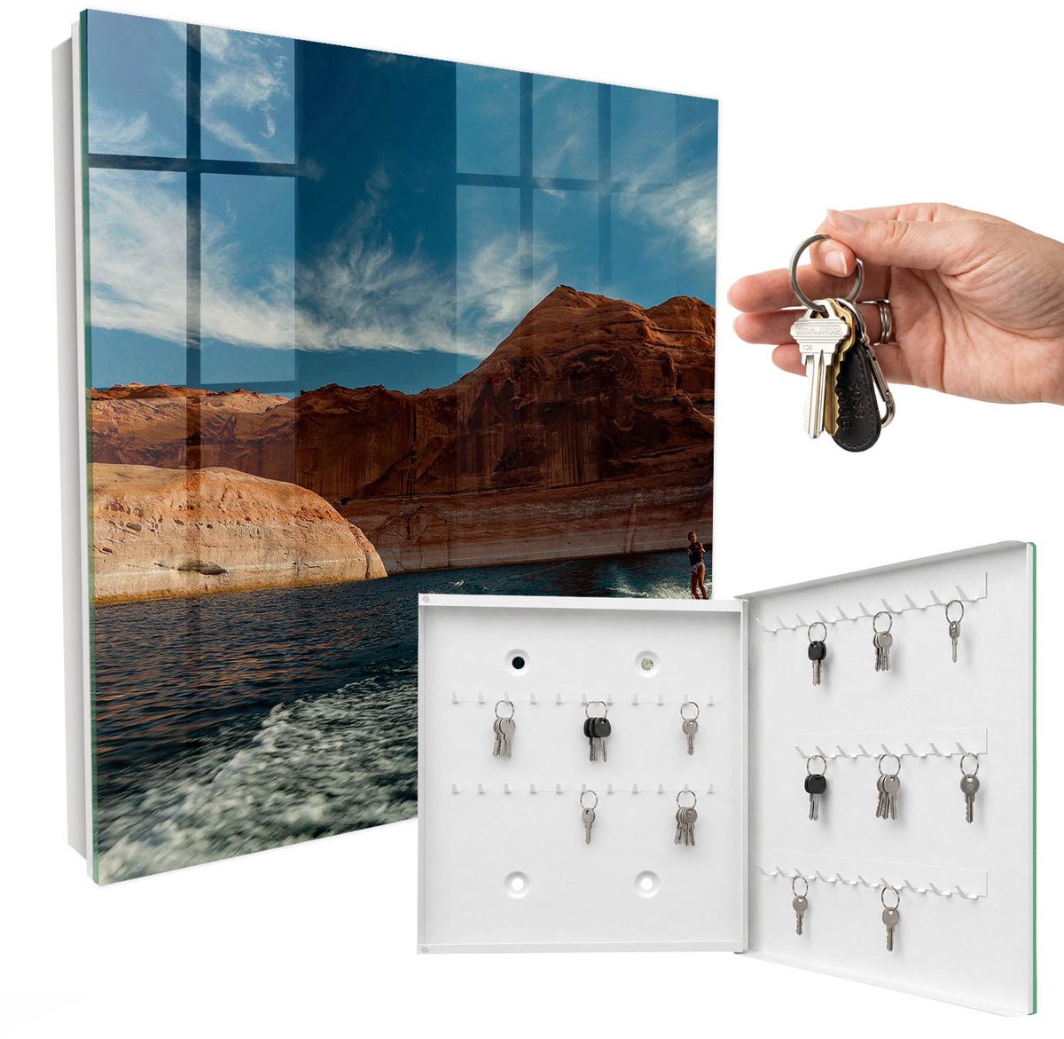 WallMuralia - Sleutelkast - 30x30x5 cm - met 50 haken - Wateremoties Groot Sleutelkastje - Oranje Sleutelbox - Rechtsopenend - Wit interieur