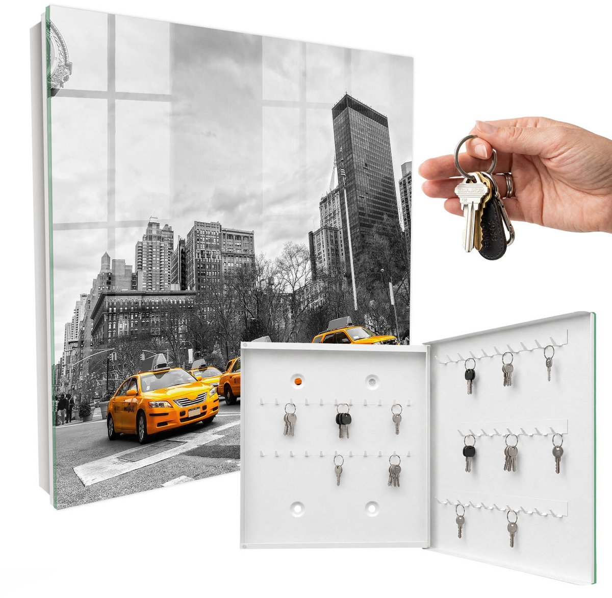 WallMuralia - Sleutelkast - 30x30x5 cm - met 50 haken - Stedelijke Energie Sleutelkastje Muur - Grijs Sleutelbox - Rechtsopenend - Wit interieur