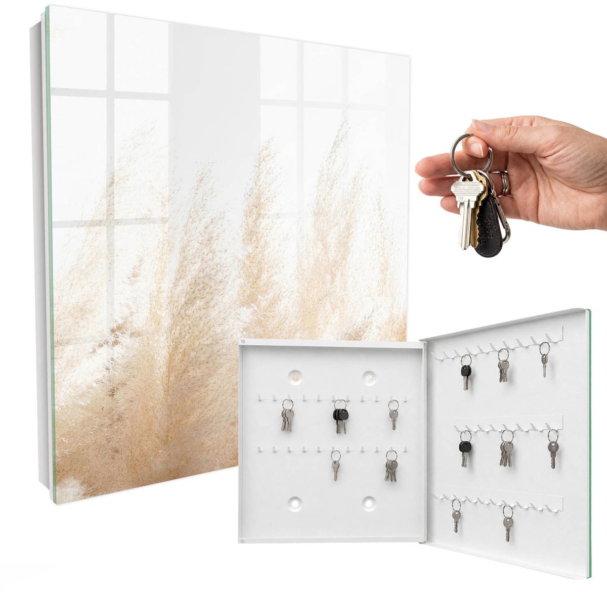 WallMuralia - Sleutelkast - 30x30x5 cm - met 50 haken - Rustgevende Natuur Sleutelkastje Design - Romig Sleutelbox - Rechtsopenend - Wit interieur