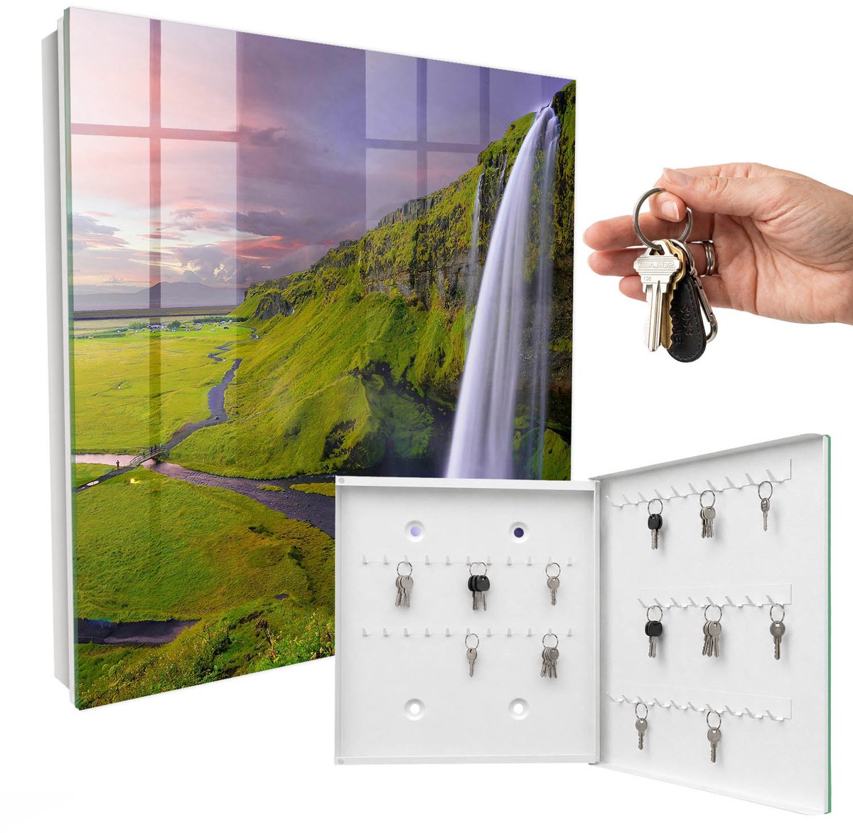 WallMuralia - Sleutelkast - 30x30x5 cm - met 50 haken - Bergwaterval Sleutelkastje Muur - Groente Sleutelbox - Rechtsopenend - Wit interieur