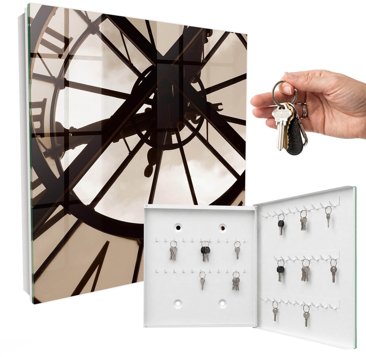 WallMuralia - Sleutelkast - 30x30x5 cm - met 50 haken - Industriële Elegantie Sleutelkastje Industrieel - Bruin Sleutelbox - Rechtsopenend - Wit interieur