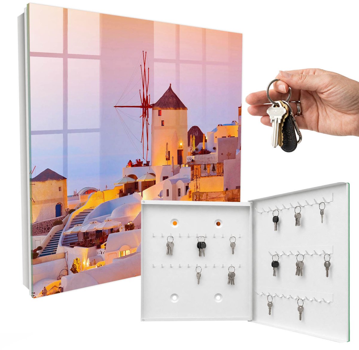 WallMuralia - Sleutelkast - 30x30x5 cm - met 50 haken - Grieks Eiland Sleutelkastje Industrieel - Wit Sleutelbox - Rechtsopenend - Wit interieur