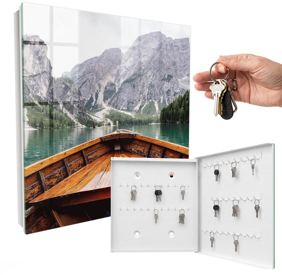 WallMuralia - Sleutelkast - 30x30x5 cm - met 50 haken - Bergmeer Leuk Sleutelkastje - Turkoois Sleutelbox - Rechtsopenend - Wit interieur