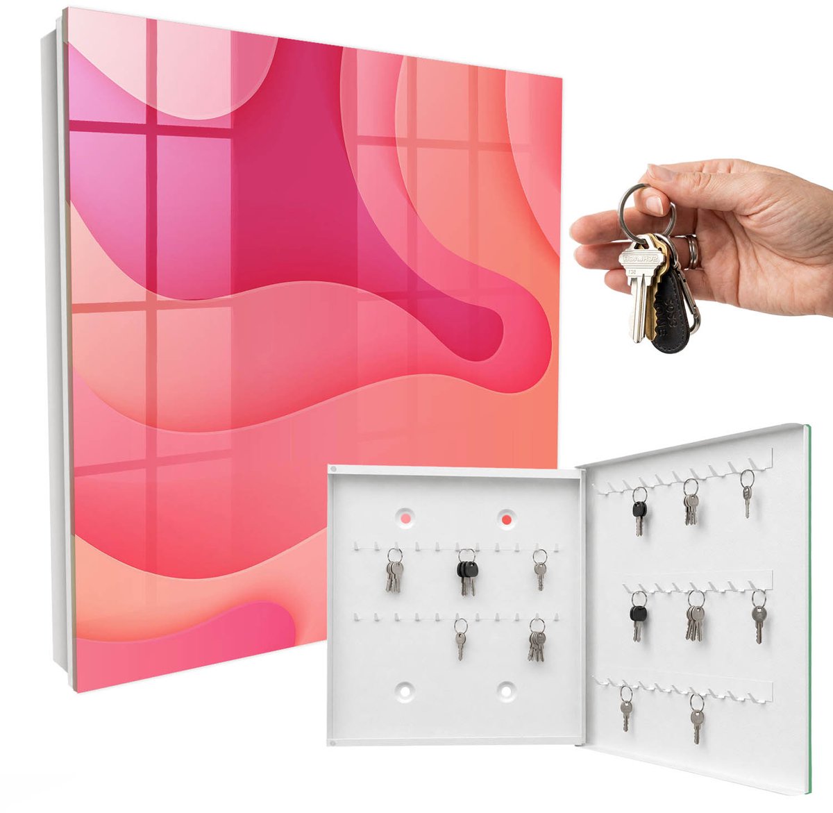 WallMuralia - Sleutelkast - 30x30x5 cm - met 50 haken - Golfenergie Sleutelkastje Voor Binnen - Roze Sleutelbox - Rechtsopenend - Wit interieur