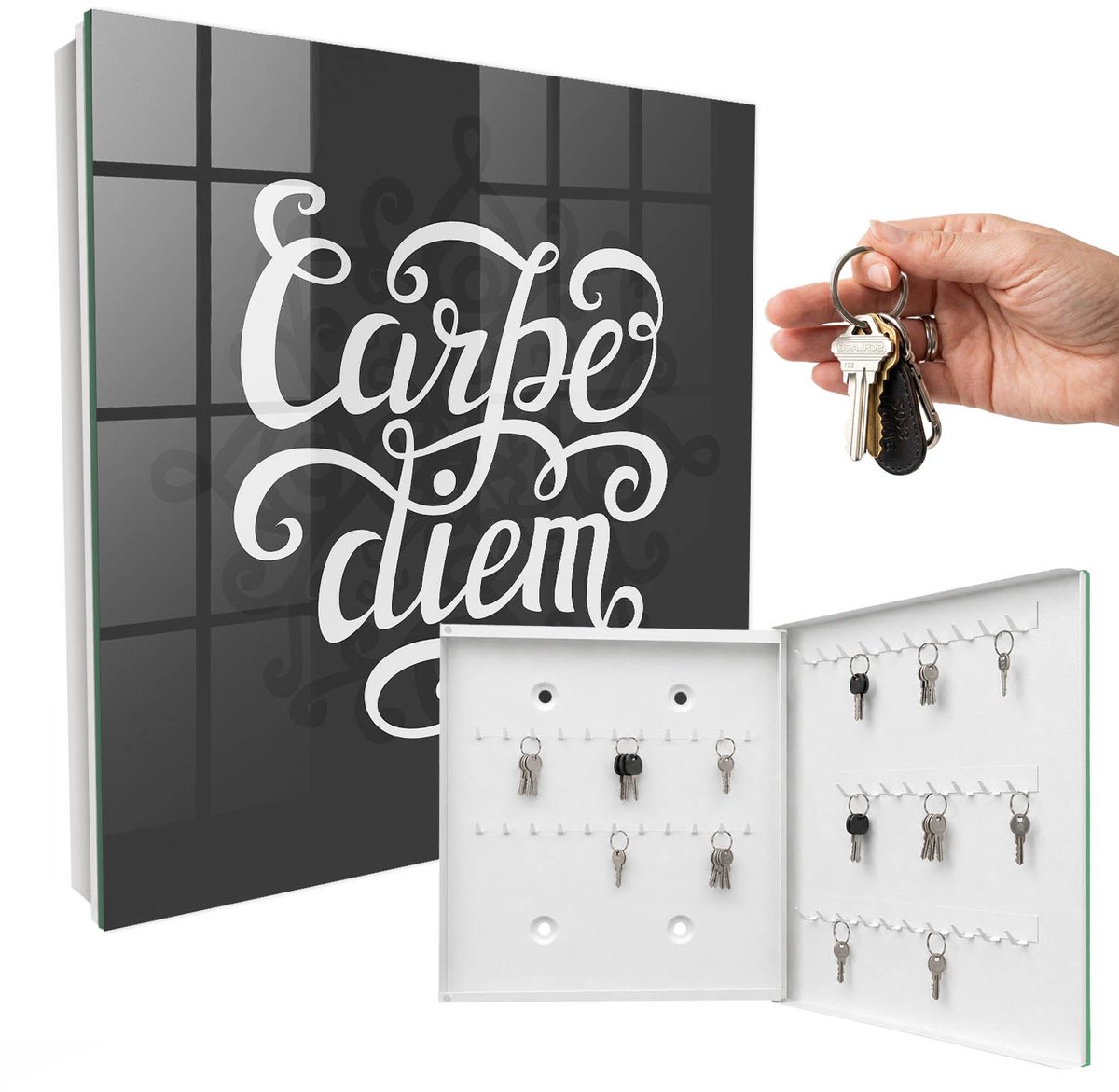 WallMuralia - Sleutelkast - 30x30x5 cm - met 50 haken - Carpe Diem Sleutelkastje Modern - Zwart Sleutelbox - Rechtsopenend - Wit interieur