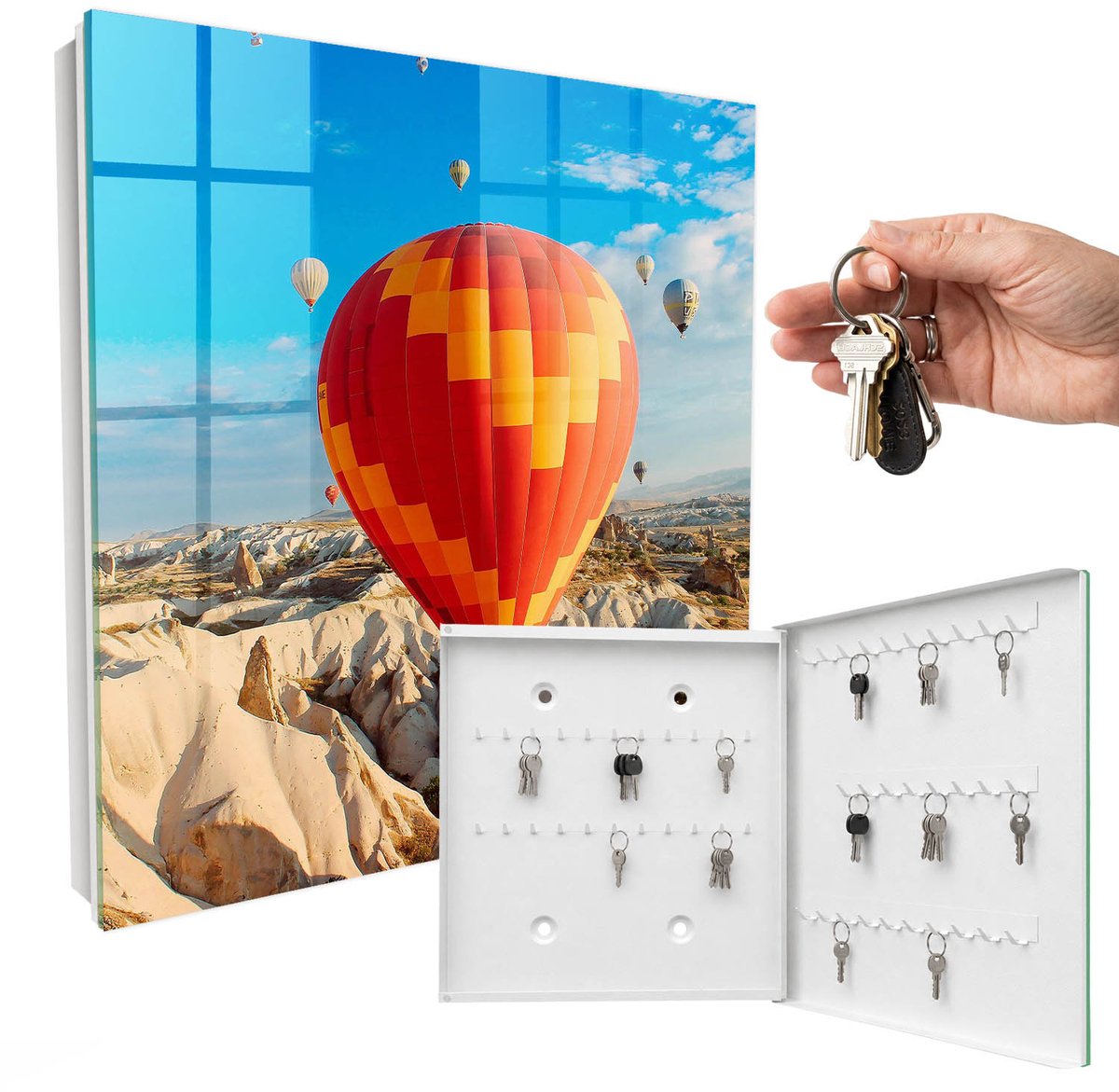 WallMuralia - Sleutelkast - 30x30x5 cm - met 50 haken - Sky Adventure Sleutelkastje Landelijk - Blauw Sleutelbox - Rechtsopenend - Wit interieur