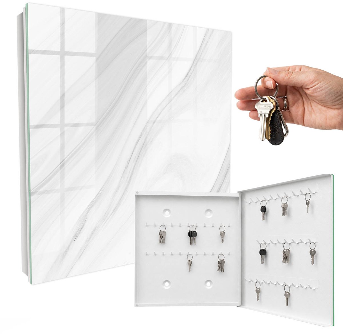 WallMuralia - Sleutelkast - 30x30x5 cm - met 50 haken - Golven Van Elegantie Leuk Sleutelkastje - Wit Sleutelbox - Rechtsopenend - Wit interieur