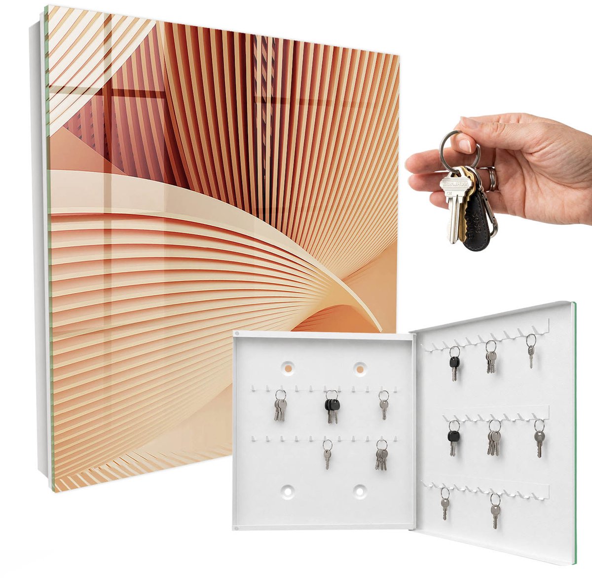 WallMuralia - Sleutelkast - 30x30x5 cm - met 50 haken - Abstracte Golven Sleutelkastje Voor Binnen - Beige Sleutelbox - Rechtsopenend - Wit interieur