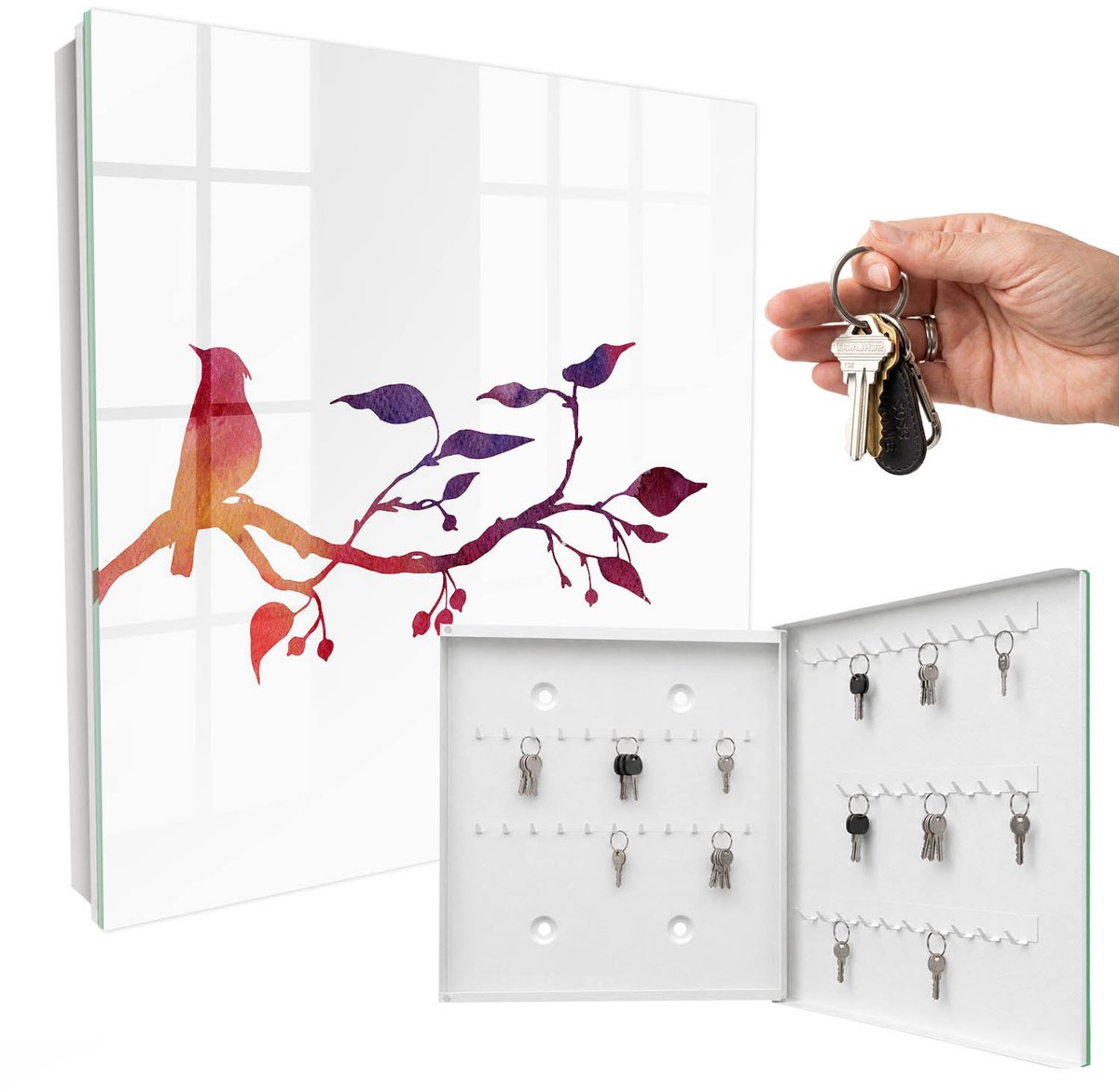 WallMuralia - Sleutelkast - 30x30x5 cm - met 50 haken - Een Tak Met Een Vogel Leuk Sleutelkastje - Rood Sleutelbox - Rechtsopenend - Wit interieur