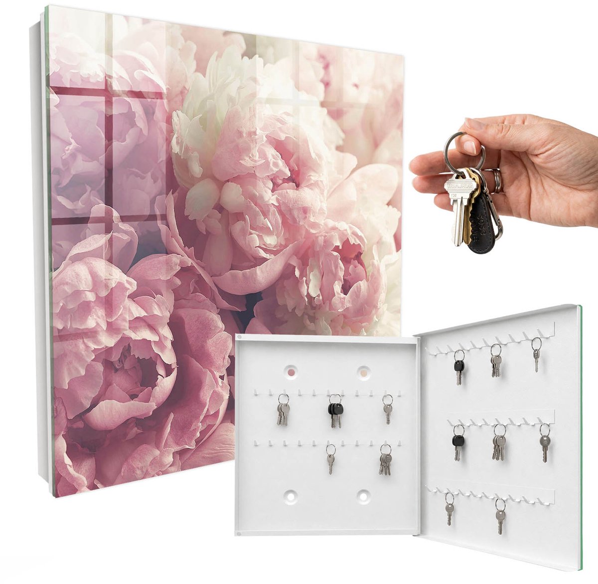 WallMuralia - Sleutelkast - 30x30x5 cm - met 50 haken - Pioenbloemen Sleutelkastje Hal - Roze Sleutelbox - Rechtsopenend - Wit interieur