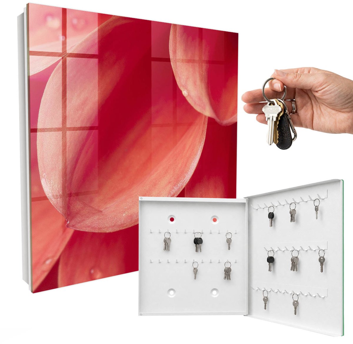 WallMuralia - Sleutelkast - 30x30x5 cm - met 50 haken - Bloemige Intimiteit Sleutelkastje Voor Binnen - Rood Sleutelbox - Rechtsopenend - Wit interieur