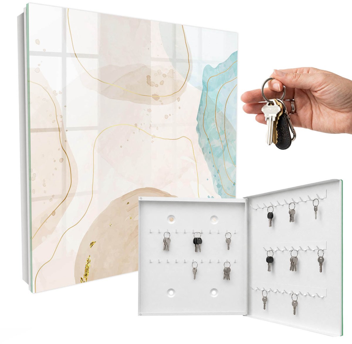 WallMuralia - Sleutelkast - 30x30x5 cm - met 50 haken - Subtiele Abstractie Sleutelkastje Huis - Beige Sleutelbox - Rechtsopenend - Wit interieur