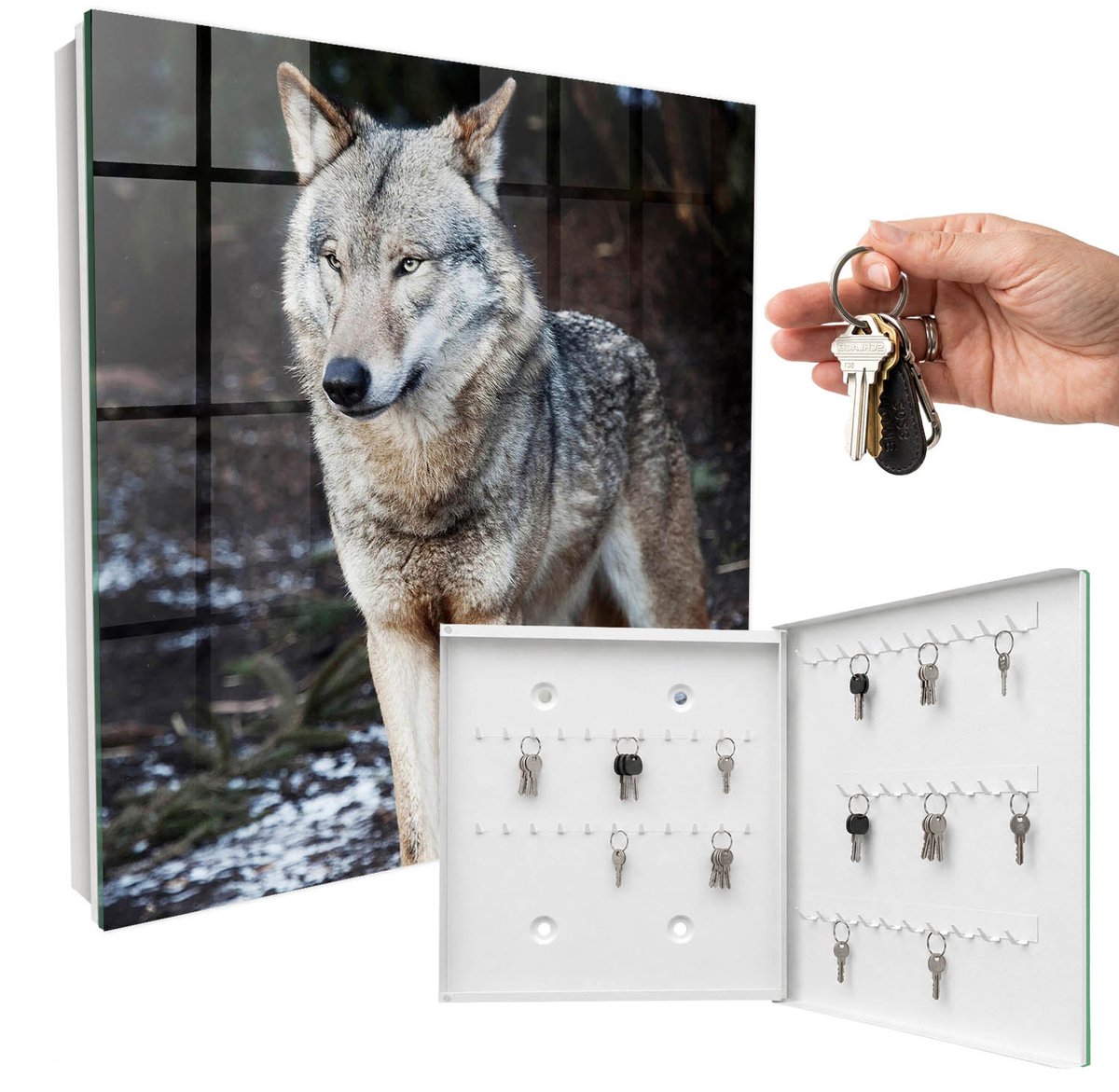 WallMuralia - Sleutelkast - 30x30x5 cm - met 50 haken - Wolf In Het Bos Sleutelkastje Klein - Grijs Sleutelbox - Rechtsopenend - Wit interieur