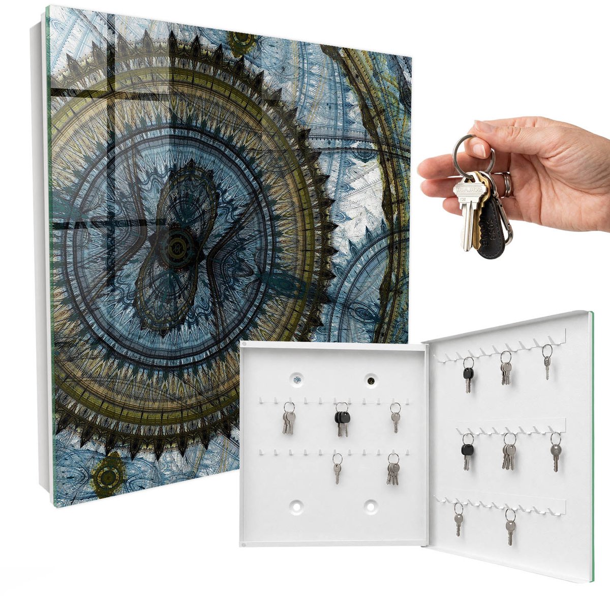 WallMuralia - Sleutelkast - 30x30x5 cm - met 50 haken - Geometrische Mandala Sleutelkastje Design - Blauw Sleutelbox - Rechtsopenend - Wit interieur