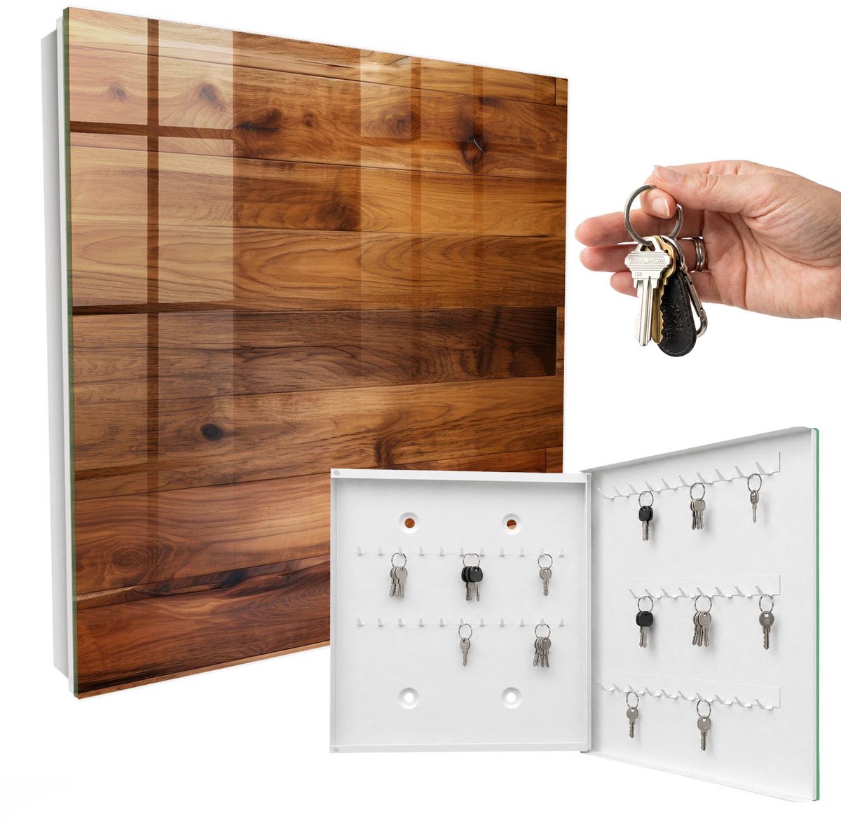 WallMuralia - Sleutelkast - 30x30x5 cm - met 50 haken - Houten Planken Design Sleutelkastje - Bruin Sleutelbox - Rechtsopenend - Wit interieur