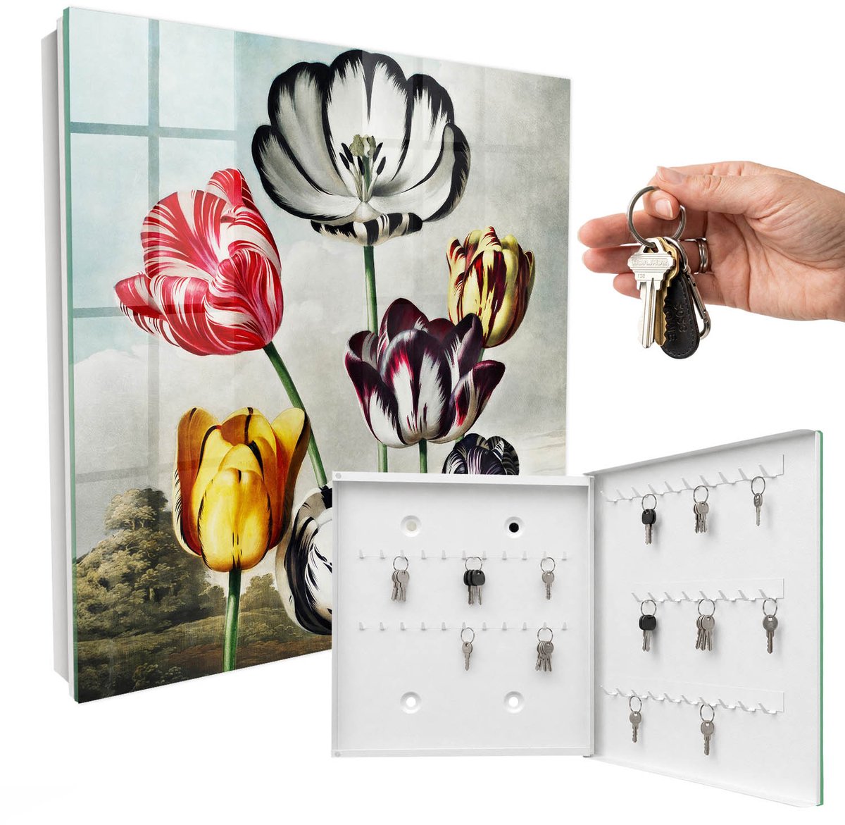 WallMuralia - Sleutelkast - 30x30x5 cm - met 50 haken - Retro Tulpen Sleutelkastje Industrieel - Rood Sleutelbox - Rechtsopenend - Wit interieur