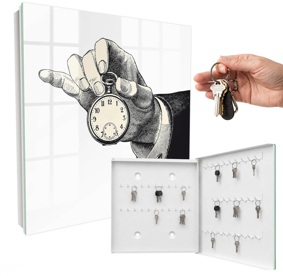 WallMuralia - Sleutelkast - 30x30x5 cm - met 50 haken - Zakklok Sleutelkastje Huis - Wit Sleutelbox - Rechtsopenend - Wit interieur