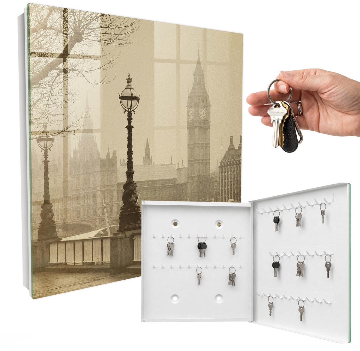WallMuralia - Sleutelkast - 30x30x5 cm - met 50 haken - Mistig Londen Sleutelkastje Muur - Beige Sleutelbox - Rechtsopenend - Wit interieur