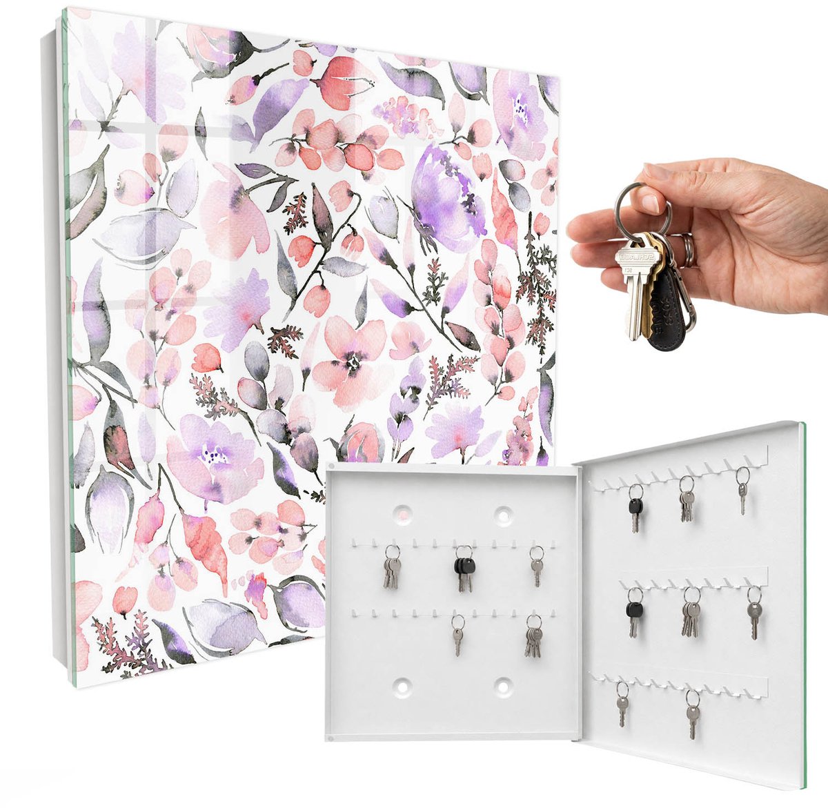 WallMuralia - Sleutelkast - 30x30x5 cm - met 50 haken - Pastelkleurige Bloemen Sleutelkastje Industrieel - Wit Sleutelbox - Rechtsopenend - Wit interieur