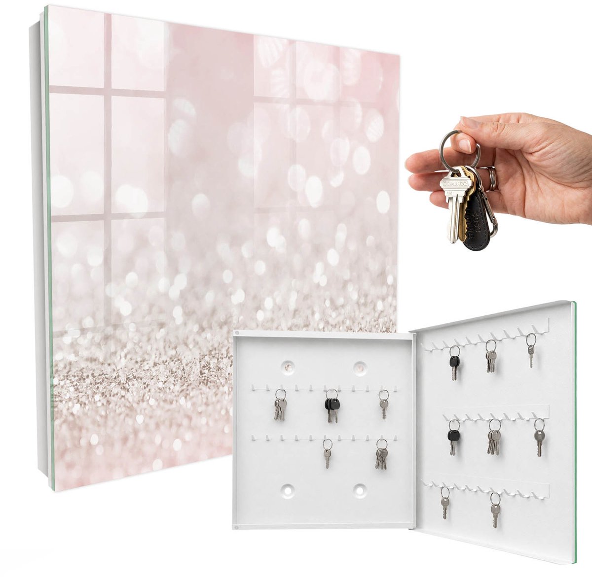 WallMuralia - Sleutelkast - 30x30x5 cm - met 50 haken - Romantische Bokeh-Gloed Sleutelkastje - Roze Sleutelbox - Rechtsopenend - Wit interieur