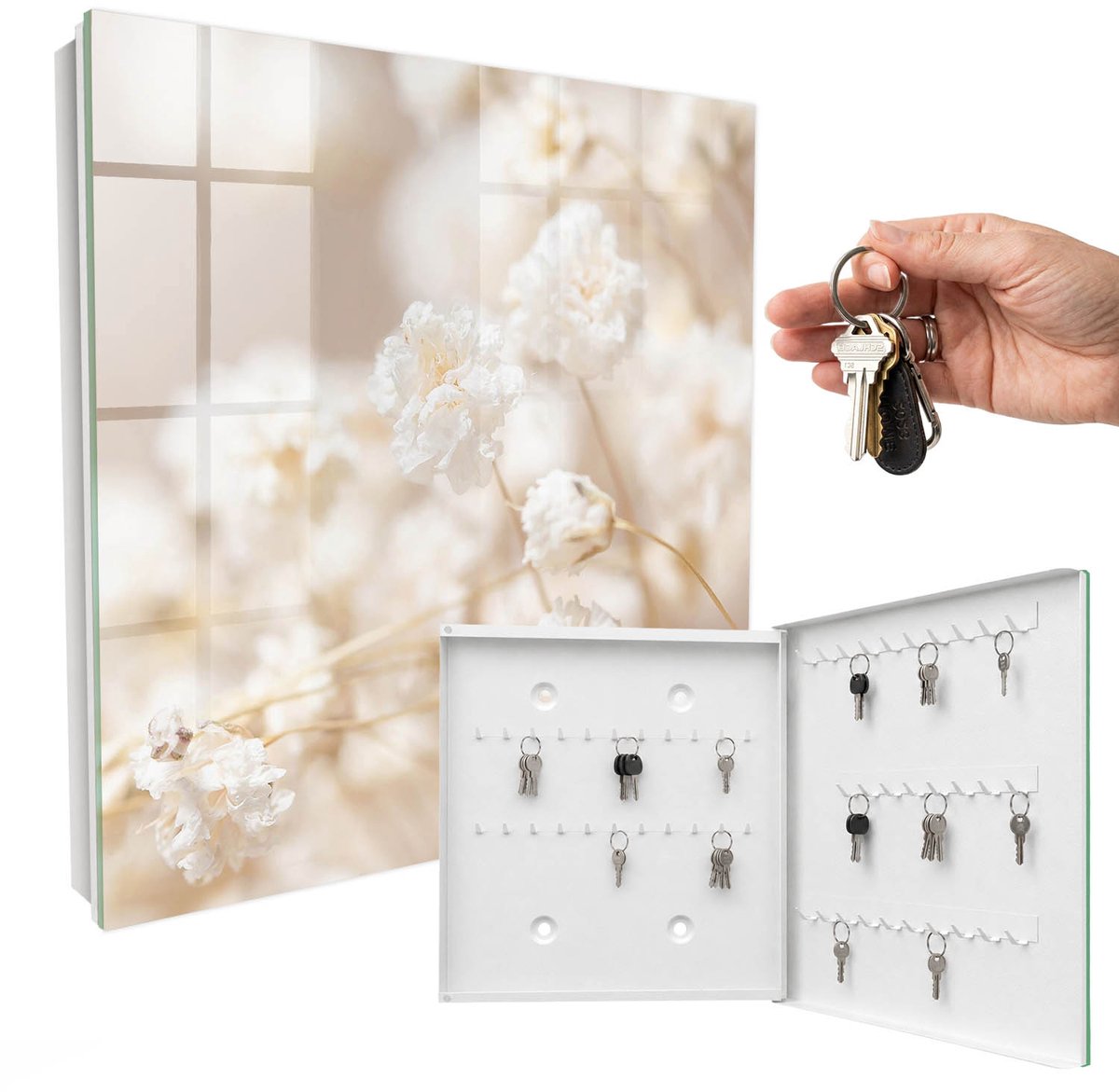 WallMuralia - Sleutelkast - 30x30x5 cm - met 50 haken - Heldere Bloemen Sleutelkastje Voor Binnen - Beige Sleutelbox - Rechtsopenend - Wit interieur