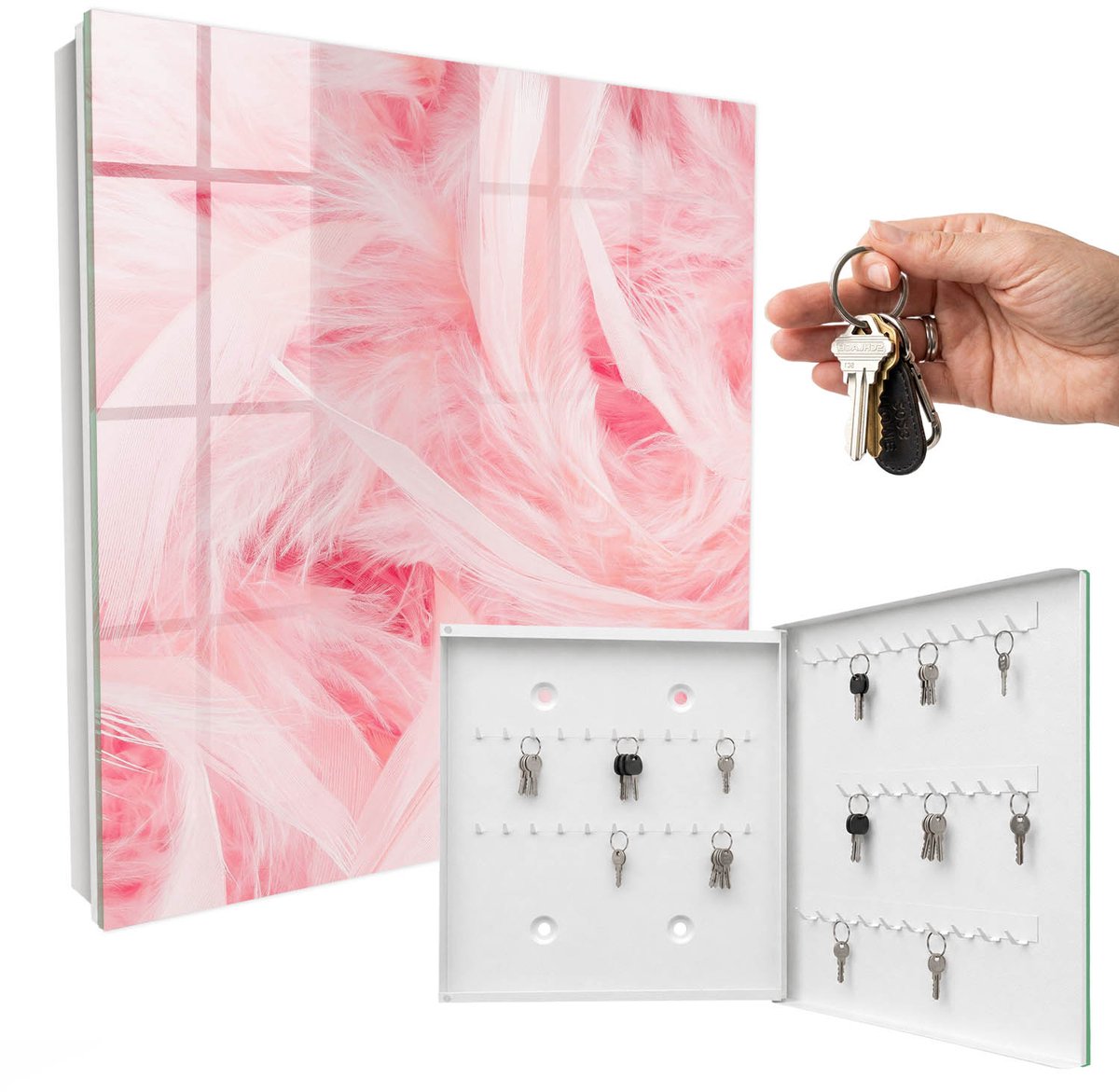 WallMuralia - Sleutelkast - 30x30x5 cm - met 50 haken - Roze Veren Sleutelkastje Hal - Roze Sleutelbox - Rechtsopenend - Wit interieur
