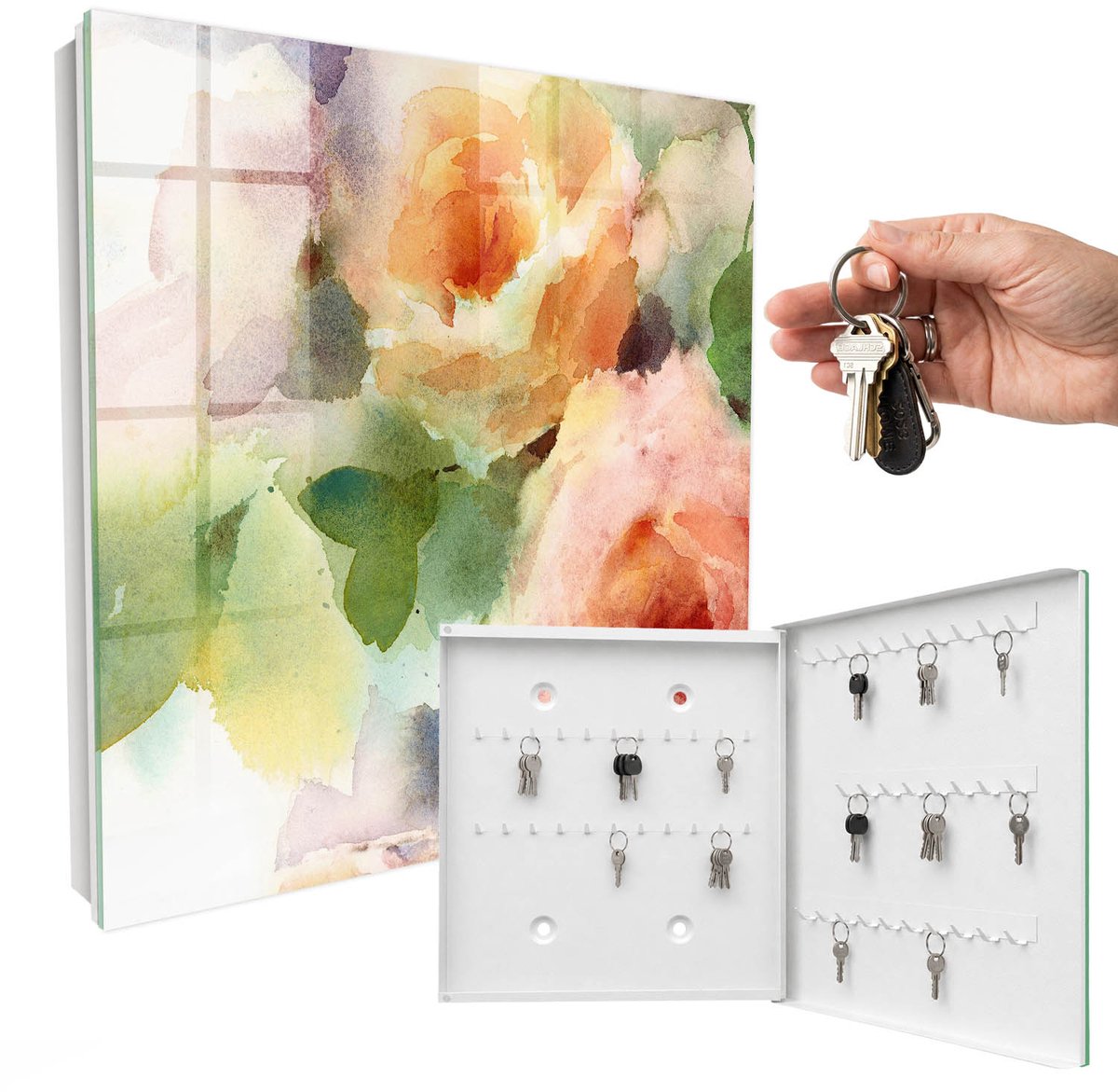 WallMuralia - Sleutelkast - 30x30x5 cm - met 50 haken - Aquarel Bloemen Sleutelkastje Design - Groente Sleutelbox - Rechtsopenend - Wit interieur
